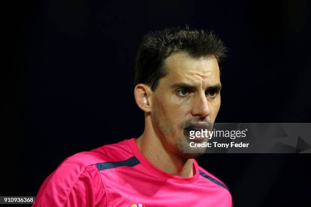 Ben Kennedy of the Mariners reacts to a referees decision during the round 18 A-League match between the Central Coast Mariners and the Brisbane Roar...