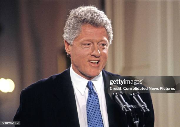 President Bill Clinton holds a press conference in the White House's East Room, Washington DC, April 23, 1993.