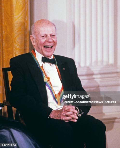 View of American composer William Schuman during a ceremony for 1989 Kennedy Center Honorees in the White House's East Room, Washington DC, December...