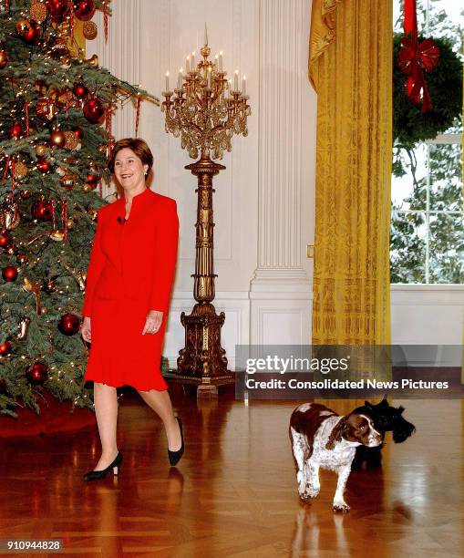 View of US First Lady Laura Bush, with family dogs, Spot and Scotty, as she walks into the White House's East Room, Washington DC, December 5, 2002.