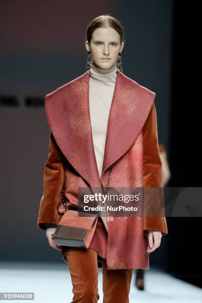 Model walks the runway at the Angel Schlesser show during the Mercedes-Benz Fashion Week Madrid Autumn/Winter 2018-19 at Ifema on January 27, 2018 in...