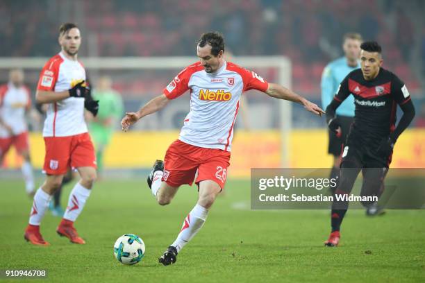 Sebastian Nachreiner of Regensburg plays the ball during the Second Bundesliga match between SSV Jahn Regensburg and FC Ingolstadt 04 at Continental...