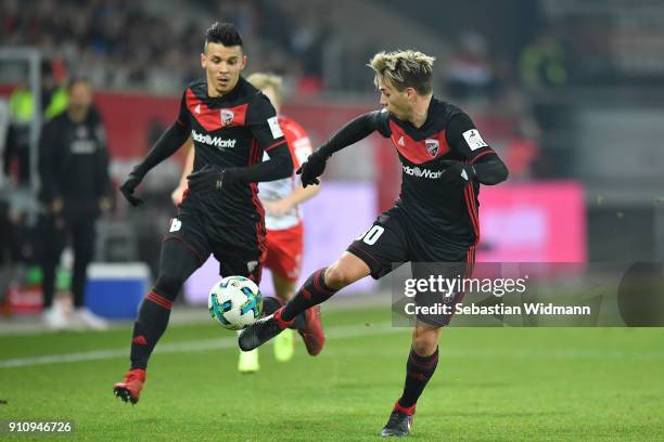 Thomas Pledl of Ingolstadt plays the ball during the Second Bundesliga match between SSV Jahn Regensburg and FC Ingolstadt 04 at Continental Arena on...