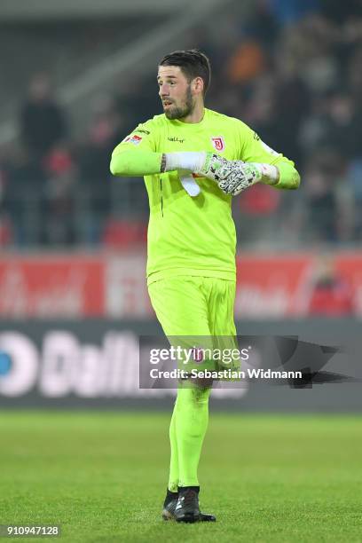 Goalkeeper Philipp Pentke of Regensburg looks on during the Second Bundesliga match between SSV Jahn Regensburg and FC Ingolstadt 04 at Continental...