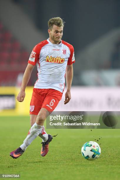 Benedikt Saller of Regensburg plays the ball during the Second Bundesliga match between SSV Jahn Regensburg and FC Ingolstadt 04 at Continental Arena...