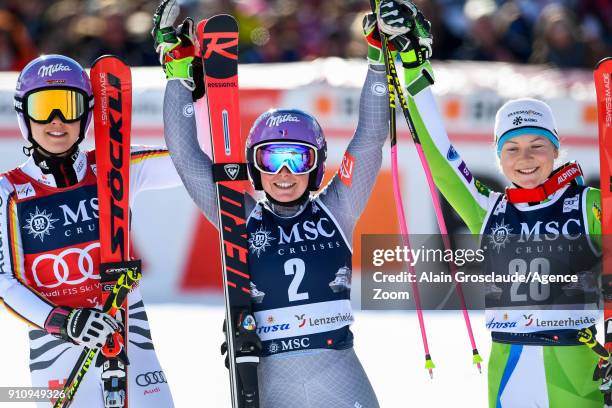 Viktoria Rebensburg of Germany takes 2nd place, Tessa Worley of France takes 1st place, Meta Hrovat of Slovenia takes 3rd place during the Audi FIS...