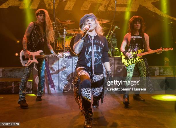 Lexxi Foxxx, Michael Starr and Satchel of Steel Panther Steel Panther performs at Eventim Apollo, Hammersmith on January 26, 2018 in London, England.