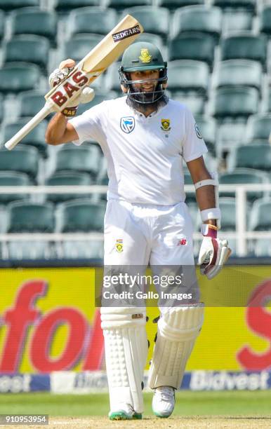 Hashim Amla of South Africa celebrates his half century during day 4 of the 3rd Sunfoil Test match between South Africa and India at Bidvest...