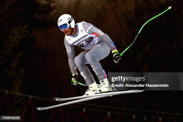 Johan Clarey of France competes at the Audi FIS Alpine Ski Men's Downhill World Cup at Kandahar race course on January 27, 2018 in...