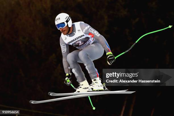 Johan Clarey of France competes at the Audi FIS Alpine Ski Men's Downhill World Cup at Kandahar race course on January 27, 2018 in...