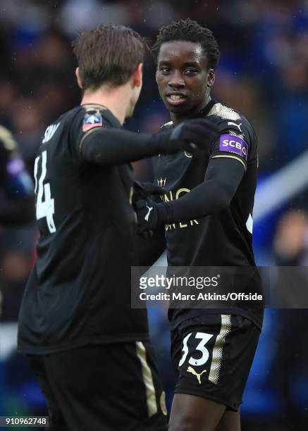 Fousseni Diabate of Leicester City celebrates with Adrien Silva during the FA Cup 4th Round match between Peterborough United and Leicester City at...