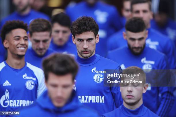 Leon Goretzka of Schalke looks on prior to the Bundesliga match between VfB Stuttgart and FC Schalke 04 at Mercedes-Benz Arena on January 27, 2018 in...