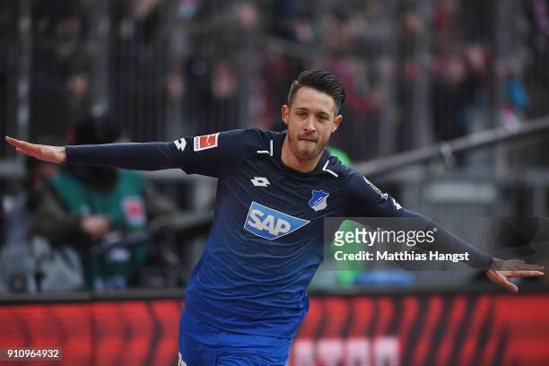 Mark Uth of Hoffenheim celebrates after he scored a goal to make it 0:1 during the Bundesliga match between FC Bayern Muenchen and TSG 1899...