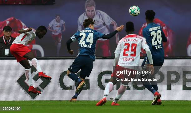Bruma of RB Leipzig scores his team's first goal with a header during the Bundesliga match between RB Leipzig and Hamburger SV at Red Bull Arena on...