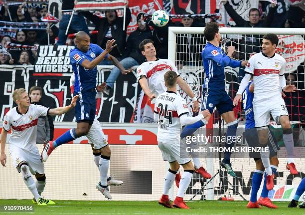 Schalke's Brazilian defender Naldo heads the ball before scoring the opening goal during the German first division Bundesliga football match VfB...