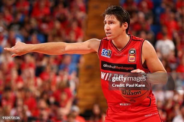 Damian Martin of the Wildcats positions his players during the round 16 NBL match between the Perth Wildcats and the New Zealand Breakers at Perth...