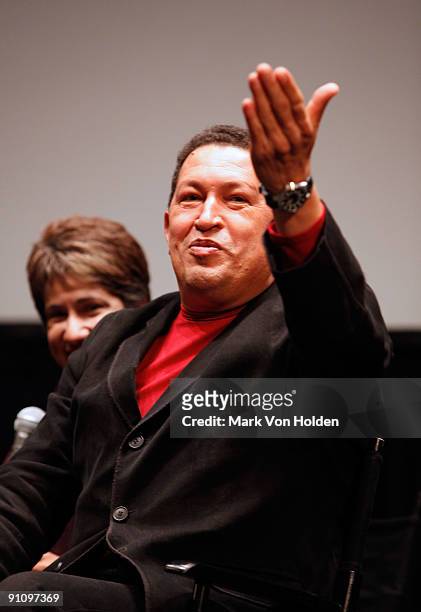 President of Venezuela, Hugo Chavez speaks at the Q and A after the screening of "South of the Border" premiere at the Walter Reade Theater on...