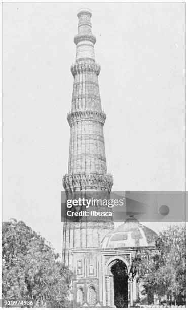 antique photograph of world's famous sites: kutub minar, near delhi, india - qutab minar stock illustrations