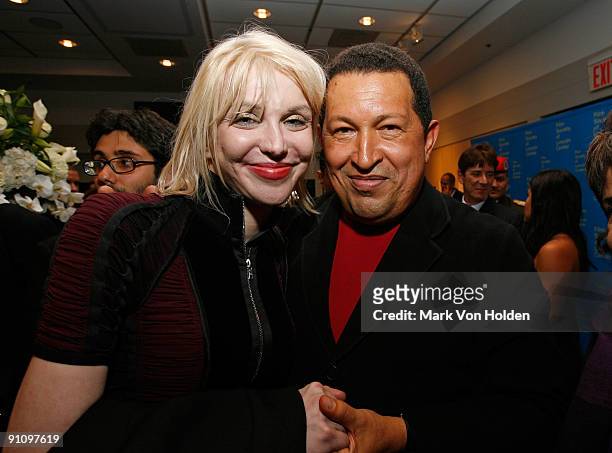 Courtney Love and President of Venezuela, Hugo Chavez attend the after party for the "South of the Border" premiere at the Walter Reade Theater on...