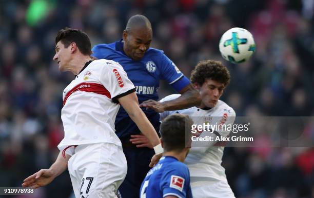 Naldo of Schalke scores his team's first goal against Mario Gomez of Stuttgart during the Bundesliga match between VfB Stuttgart and FC Schalke 04 at...
