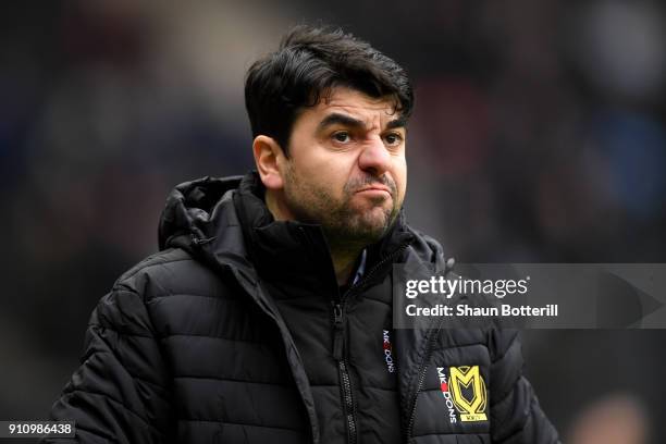 Dan Micciche, Manager of Milton Keynes Dons looks on prior to The Emirates FA Cup Fourth Round match between Milton Keynes Dons and Coventry City at...