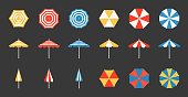Beach umbrella set, side and aerial view, flat design pixel perfect icon on grid system
