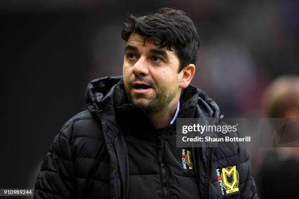 Dan Micciche, Manager of Milton Keynes Dons looks on prior to The Emirates FA Cup Fourth Round match between Milton Keynes Dons and Coventry City at...