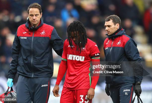 Renato Sanches of Swansea City walks off the pitch following an injury during The Emirates FA Cup Fourth Round match between Notts County and Swansea...