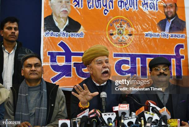 Karni Sena chief Lokendra Singh Kalvi during a press conference upon the release of Sanjay Leela Bansali's movie Padmaavat at Press Club of India, on...