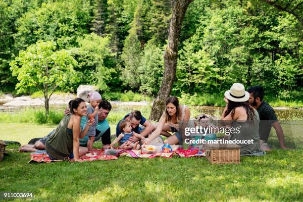millennials families having a picnic outdoors in summer. - piquenique imagens e fotografias de stock
