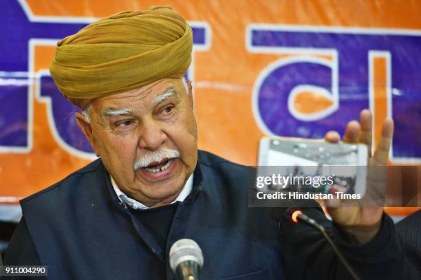 Karni Sena chief Lokendra Singh Kalvi during a press conference upon the release of Sanjay Leela Bansali's movie Padmaavat at Press Club of India, on...