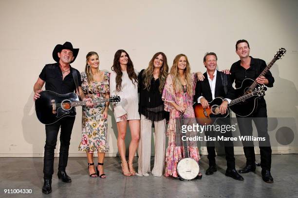 Lee Kernaghan, The McCLymonts, Kasey Chambers, Troy Cassar-Daley and Adam Harvey pose backstage during the 2018 Toyota Golden Guitar Awards on...