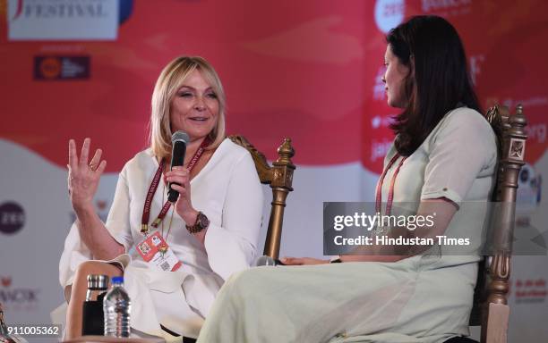 English novelist and screenwriter Helen Fielding in conversation with Meru Gokhale during the "Bridget Jones Diaries" session at the 3rd day of Zee...