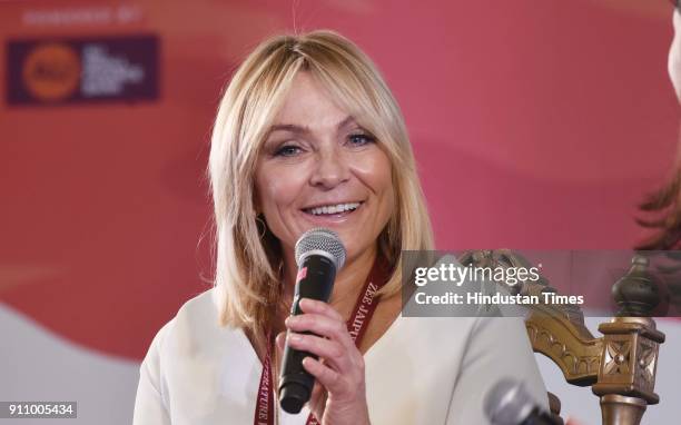 English novelist and screenwriter Helen Fielding in conversation during the "Bridget Jones Diaries" session at the 3rd day of Zee Jaipur Literature...