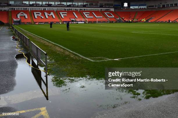 General View of Bloomfield Rd, home of Blackpool FC, as the match is postponed prior to kick off due to a waterlogged pitch during the Sky Bet League...