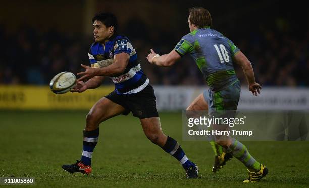 Ben Tapuai of Bath Rugby attempts a pass during the Anglo-Welsh Cup match between Bath and Newcastle Falcons at the Recreation Ground on January 27,...