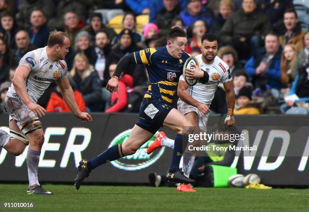 Josh Adams of Worcester Warriors makes a break during the Anglo-Welsh Cup match between Worcester Warriors and Exeter Chiefs at Sixways Stadium on...