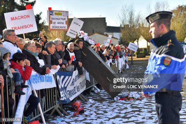 People in favour of the transfer of the Nantes-Atlantique airport to Notre-Dame-des-Landes protest on January 27, 2018 in front of the city hall of...