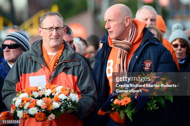 Wreaths are laid at the Jimmy Armfield Statue outside Bloomfield Rd, home of Blackpool FC, to honour the late Jimmy Armfield during the Sky Bet...