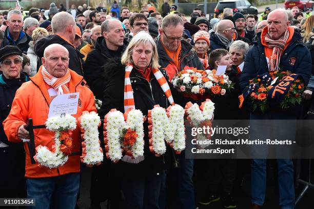 Wreaths are laid at the Jimmy Armfield Statue outside Bloomfield Rd, home of Blackpool FC, to honour the late Jimmy Armfield during the Sky Bet...