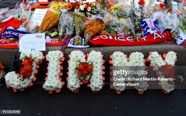 Wreaths are laid at the Jimmy Armfield Statue outside Bloomfield Rd, home of Blackpool FC, to honour the late Jimmy Armfield during the Sky Bet...