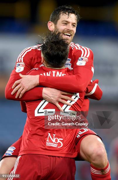 Lukas Jutkiewicz of Birmingham celebrates scoring his side's first goal with Carl Jenkinson during The Emirates FA Cup Fourth Round match between...