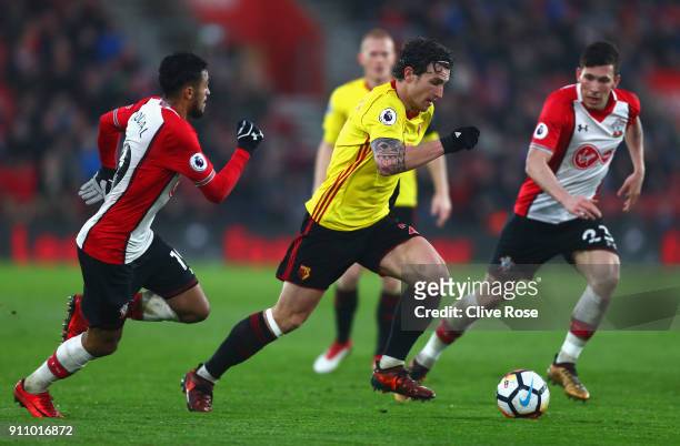 Daryl Janmaat of Watford is challenged by Sofiane Boufal of Southampton during The Emirates FA Cup Fourth Round match between Southampton and Watford...