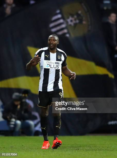 Foluwashola Ameobi of Notts County celebrates after his side score their first during The Emirates FA Cup Fourth Round match between Notts County and...