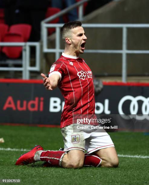 Joe Bryan of Bristol City celebrates after he scores his sides second goal during the Sky Bet Championship match between Bristol City and Queens Park...