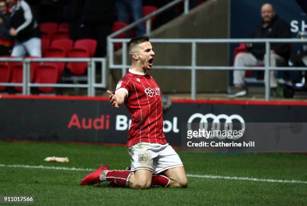 Joe Bryan of Bristol City celebrates after he scores his sides second goal during the Sky Bet Championship match between Bristol City and Queens Park...