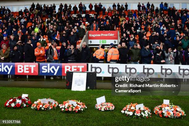 Detail View of wreaths laid in the goal mouth in front of the Armfield stand to honour the late Jimmy Armfield during the Sky Bet League One match...