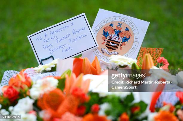 Detail View of wreaths laid in the goal mouth in front of the Armfield stand to honour the late Jimmy Armfield during the Sky Bet League One match...