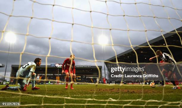 John Stead of Notts County scores his sides first goal during The Emirates FA Cup Fourth Round match between Notts County and Swansea City at Meadow...