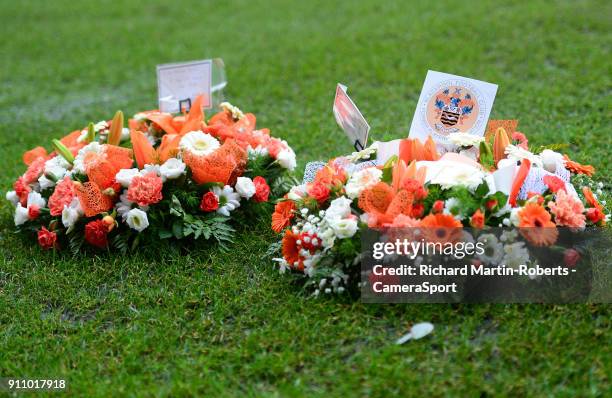 Detail View of wreaths laid in the goal mouth in front of the Armfield stand to honour the late Jimmy Armfield during the Sky Bet League One match...